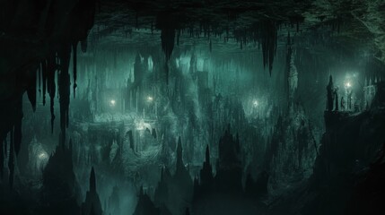 Jagged stalagmites and stalactites protrude from the walls and ceiling lending an eerie and claustrophobic atmosphere to the lair. - obrazy, fototapety, plakaty