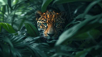Wandaufkleber A dense jungle scene with a hidden jaguar peering out from behind the foliage © AI By Ibraheem