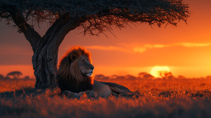 A majestic lion resting under the shade of an acacia tree in the African savannah at sunrise - obrazy, fototapety, plakaty