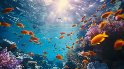 A vibrant coral reef teeming with colorful fish and marine life in the clear blue ocean