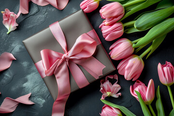 Elegant Gift Box with Pink Ribbon Among Fresh Tulips