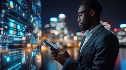 Black businessman holding smart tablet screen in hands analyzing the world economy stock market. Generative AI.