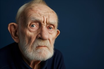 Obraz premium Pensive Elderly Man on a Solid Dark Blue Background. Generative AI.