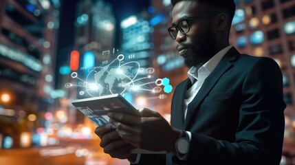 African American businessman holding smart tablet screen in hands analyzing the world economy stock market. Generative AI.