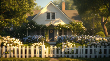 A sunlit Cape Cod house with white picket fence and blooming hydrangeas in the front yard, early morning light casting soft shadows