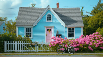 A vibrant Cape Cod house with a freshly painted exterior in pastel colors, a neatly trimmed lawn, and a bicycle leaning against the white fence - Powered by Adobe