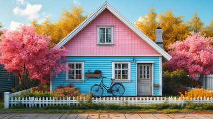 A vibrant Cape Cod house with a freshly painted exterior in pastel colors, a neatly trimmed lawn, and a bicycle leaning against the white fence - Powered by Adobe