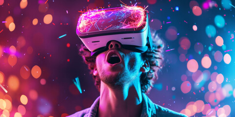 Astonished Man in Virtual Reality.
Open-mouthed man in awe, wearing VR headset with cosmic light effects.