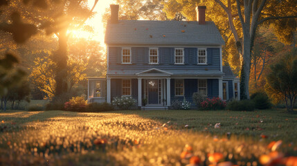 A Cape Cod house during the golden hour, with the setting sun reflecting off the windows and...
