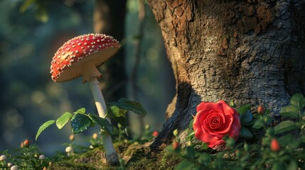 A shy mushroom peeking out from behind a tree trying to work up the courage to ask a beautiful rose for a dance.