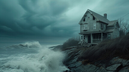 A coastal Cape Cod house on a cliff overlooking the ocean, with waves crashing against the rocks below, during a stormy afternoon - Powered by Adobe
