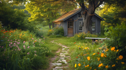 A rustic Cape Cod cottage with a stone pathway leading to the front door, surrounded by wildflowers and a small, wooden bench under a tree
