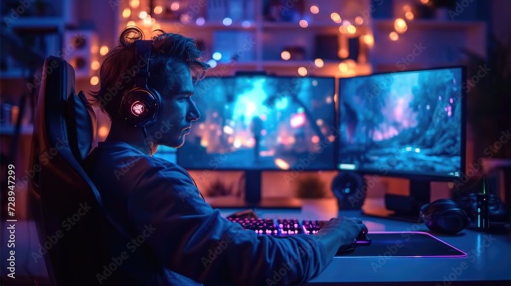 Poster a gamer sitting on a chair in his gaming room is gaming on his pc computer console with keyboard mou