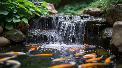 Foto op Plexiglas A small, tranquil waterfall in a Japanese garden, with koi fish swimming in the pond below © AI By Ibraheem