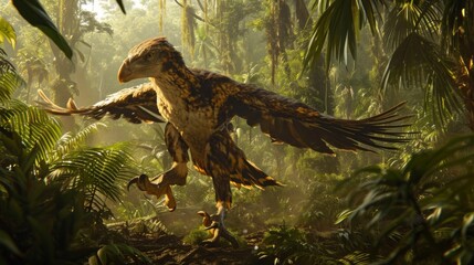 One raptor takes the lead its head held high as it leads the pack through the dense jungle foliage its eyes scanning for any signs of movement from their target. - obrazy, fototapety, plakaty