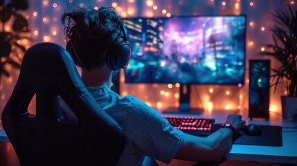 Naklejka premium A gamer sitting on a chair in his gaming room is gaming on his pc computer console with keyboard mouse and headphones in front of multiple monitor. Generative AI.