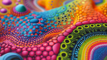 Vibrant hues and intricate patterns blend in a mesmerizing display of psychedelic art, evoking a sense of wonder and enchantment on a turquoise canvas