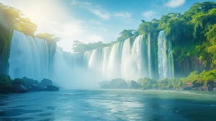 The majestic Iguazu Falls, spanning the border between Argentina and Brazil, with thousands of...