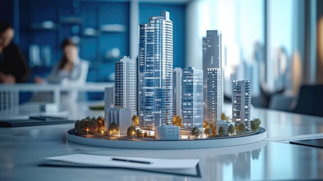 Realtor broker company, Bank property loan mortgage, Rent, realty concept, 3d render model maquette of small skyscraper building on table in real estate agency. Generative AI.
