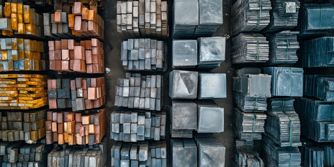 Aerial view of stacked gray paving tiles in a warehouse construction supplies. generative AI