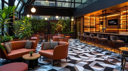 An iconic rooftop design featuring a geometric patterned floor sleek furniture and a fully stocked bar creating a trendy and sophisticated atmosphere for afterwork gatherings
