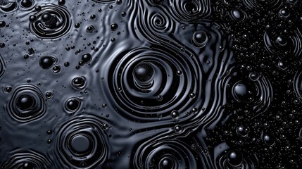 Elegant water drops dance on a black canvas, adorned with mesmerizing swirling patterns, Ai Generated.