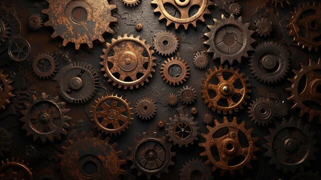 Immerse in the intricate world of steampunk with gears and cogs adorning the background. Ai Generated.