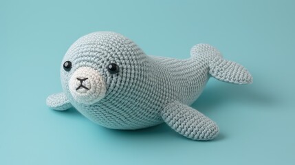 Crocheted seal toy vibrant backdrop, handcrafted and adorable, Ai Generated