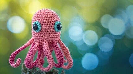 Fototapeta premium Crocheted squid toy vibrant backdrop, handcrafted and adorable, Ai Generated