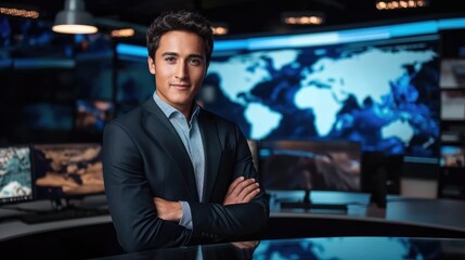 Handsome guy in a suit, a tv news presenter on a popular channel live stream broadcast on television. weather forecast in studio. Generative AI. - obrazy, fototapety, plakaty