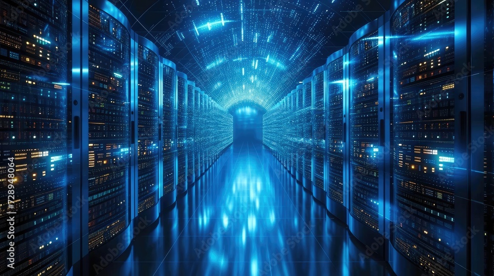 Leinwandbilder Abstract concept of blue tunnel with computer number matrix code. big data information internet storage connection server in a tech company. Generative AI.