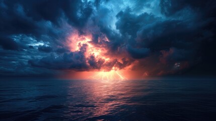 Obraz premium Fierce lightning storm illuminates the vast ocean expanse, nature's electrifying spectacle, Ai Generated