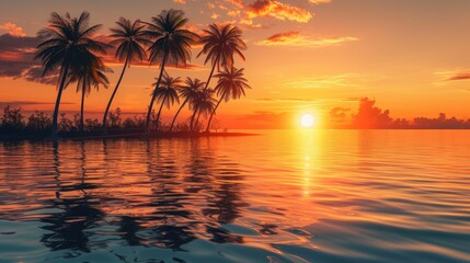 Fototapeta na wymiar Sunset casts a warm glow over palm trees by the water's edge, a tropical oasis, Ai Generated