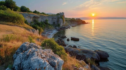 A beautiful view of Bulgaria's coast at sunrise, painting a serene and tranquil scene, Ai Generated. - obrazy, fototapety, plakaty