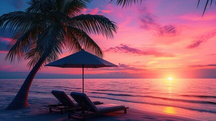 Serene tropical sunset, sun beds, loungers, umbrella, palm tree. Tranquil escape, Ai Generated. - obrazy, fototapety, plakaty