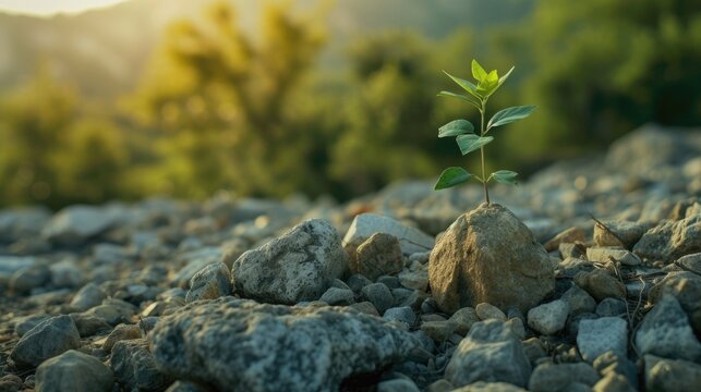 Solitary plant defies odds, emerging from rocky terrain, a symbol of resilience, Ai Generated