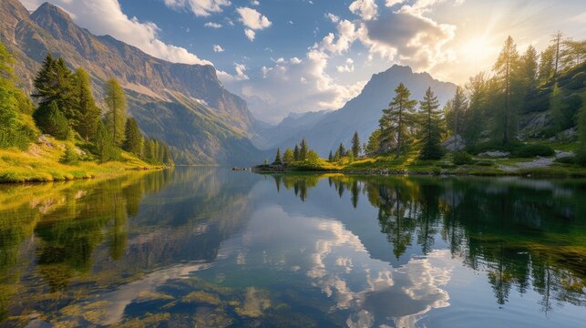 Tranquil mountain landscape with a serene lake reflecting its majesty, a peaceful haven, Ai Generated