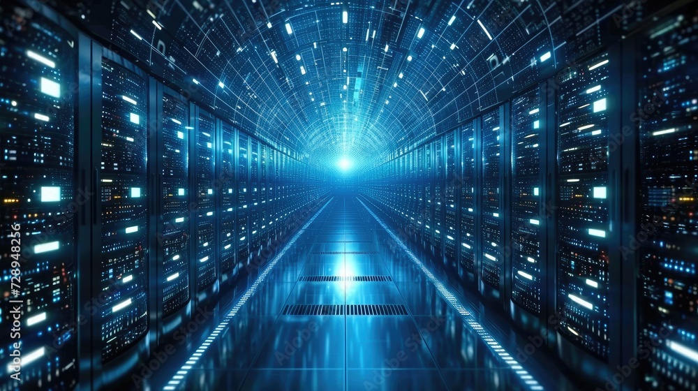 Leinwandbilder Abstract concept of blue tunnel with computer number matrix code. big data information internet storage connection server in a tech company. Generative AI.