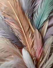 Feathers background with colorful natural, neutral and pastel colors and aesthetic soft style. Fragile and sensitive elements from nature. Beautiful wallpaper with natural texture. Purity and beauty. 