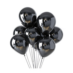 Bunch of glossy shiny black helium balloons on string isolated on white, Ai Generated.