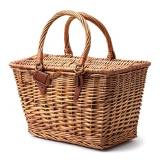 Fototapeta na wymiar Handmade woven wicker rattan picnic basket isolated on white background, Ai Generated.
