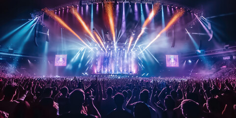 Live, rock concert, party, festival night club crowd cheering, stage lights, A huge crowd of people dancing at a music concert with epic lights at the arena stadium. Generative AI. - obrazy, fototapety, plakaty