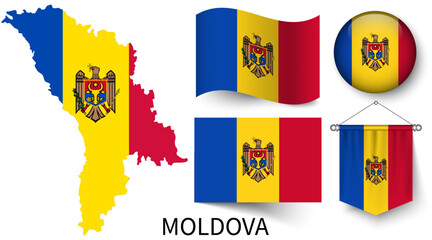 The various patterns of the Moldova national flags and the map of the Moldova borders