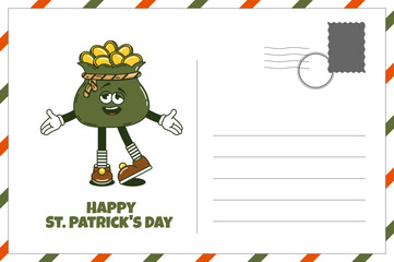 Happy Saint Patricks Day retro postcard. Funky groovy cartoon characters. Vintage funny mascot patch psychedelic smile, emotion. Comic trendy vector illustration