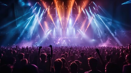 Live, rock concert, party, festival night club crowd cheering, stage lights, A huge crowd of people dancing at a music concert with epic lights at the arena stadium. Generative AI.