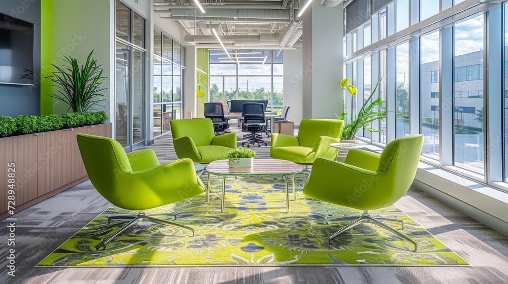 Poster bright green chairs and patterned rug add a lively touch to this office while large windows flood th