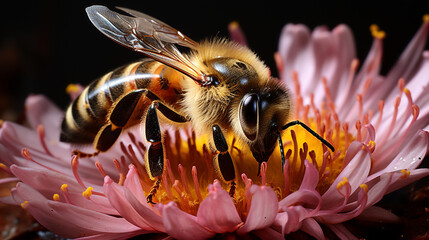 A bee covered in pollen highlights the crucial role these insects play in the pollination process