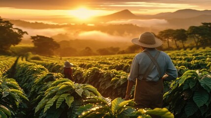 A farmer is harvesting beans at coffee plantation field in morning. Generative AI.