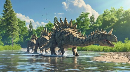 A group of stegosaurs wade through a shallow river their spiked tails swishing behind them.