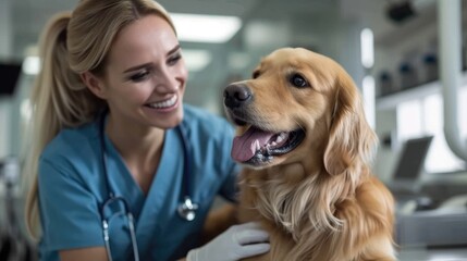 Animal pet health checkup. Female vet nurse doctor examining a cute dog making medical tests in a veterinary clinic. Generative AI. - obrazy, fototapety, plakaty